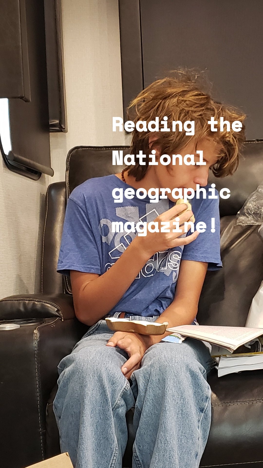 Reading the National geographic magazine! 